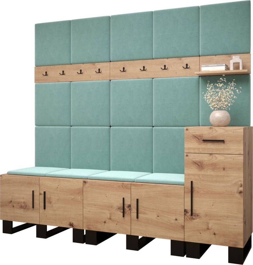 InspireME Garderobekast Ganggarderobe Compacte garderobe Vestibule Wandkast Plank Hal & Gang Kast Schoenenkast Gestoffeerde panelen en met een kussen (BxHxD): 210x196x45 6 cm ERNETST 8 Artisan (Mint (Manila 11))