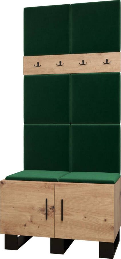 InspireME Garderobekast Ganggarderobe Compacte garderobe Vestibule Wandkast Plank Hal & Gang Kast Schoenenkast Gestoffeerde panelen en met een kussen (BxHxD): 84x196x45 6 cm ERNETST 4 Artisan (Groen (Manilla 35))