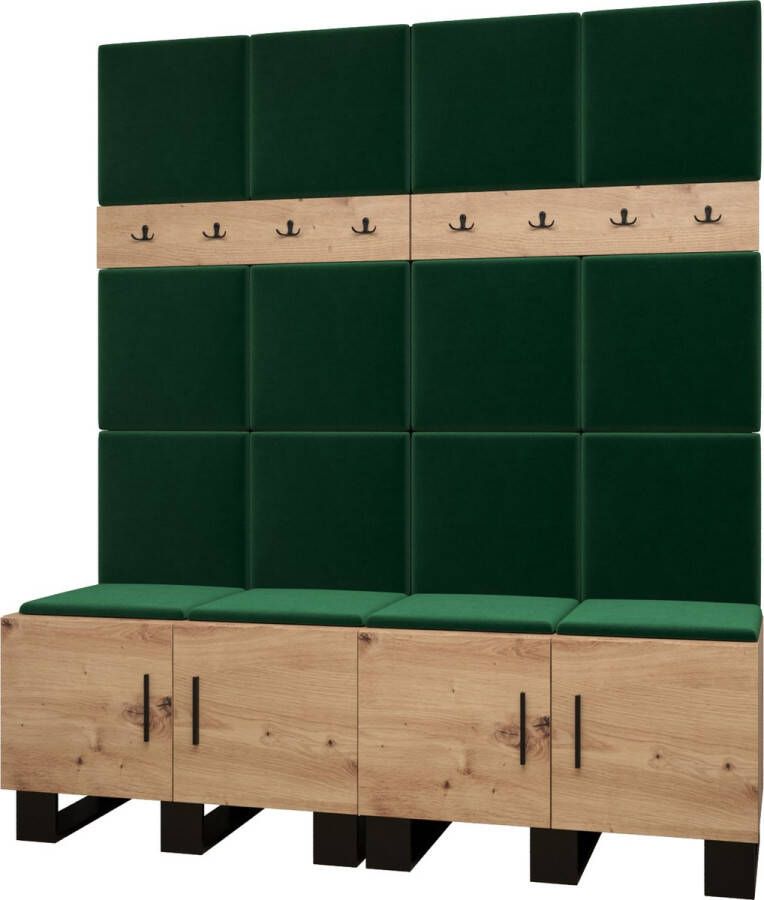 InspireME Garderobekast Ganggarderobe Compacte garderobe Vestibule Wandkast Plank Hal & Gang Kast Schoenenkast Gestoffeerde panelen en met een kussen (BxHxD): 168x196x45 6 cm ERNETST 3 Artisan (Groen (Manilla 35))