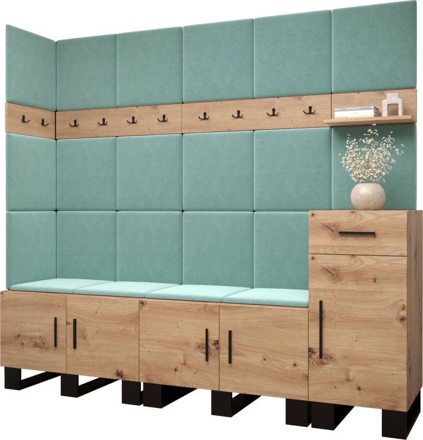 InspireME Garderobekast Ganggarderobe Compacte garderobe Vestibule Wandkast Plank Hal & Gang Kast Schoenenkast Gestoffeerde panelen en met een kussen (BxHxD): 210x196x45 6 cm ERNETST 9 Artisan (Mint (Manila 11))