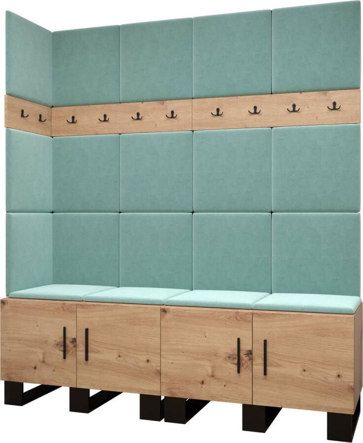 InspireME Garderobekast Ganggarderobe Compacte garderobe Vestibule Wandkast Plank Hal & Gang Kast Schoenenkast Gestoffeerde panelen en met een kussen (BxHxD): 168x196x45 6 cm ERNETST 12 Artisan (Mint (Manila 11))