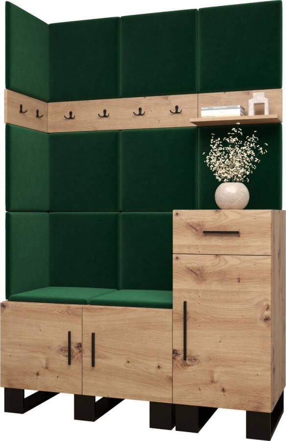 InspireME Garderobekast Ganggarderobe Compacte garderobe Vestibule Wandkast Plank Hal & Gang Kast Schoenenkast Gestoffeerde panelen en met een kussen (BxHxD): 126x196x45 6 cm ERNETST 10 Artisan (Groen (Manilla 35))