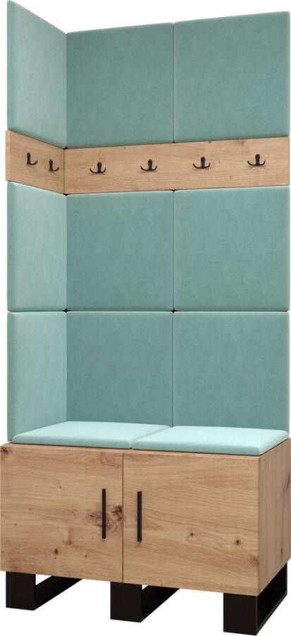 InspireME Garderobekast Ganggarderobe Compacte garderobe Vestibule Wandkast Plank Hal & Gang Kast Schoenenkast Gestoffeerde panelen en met een kussen (BxHxD): 84x196x45 6 cm ERNETST 11 Artisan (Mint (Manila 11))