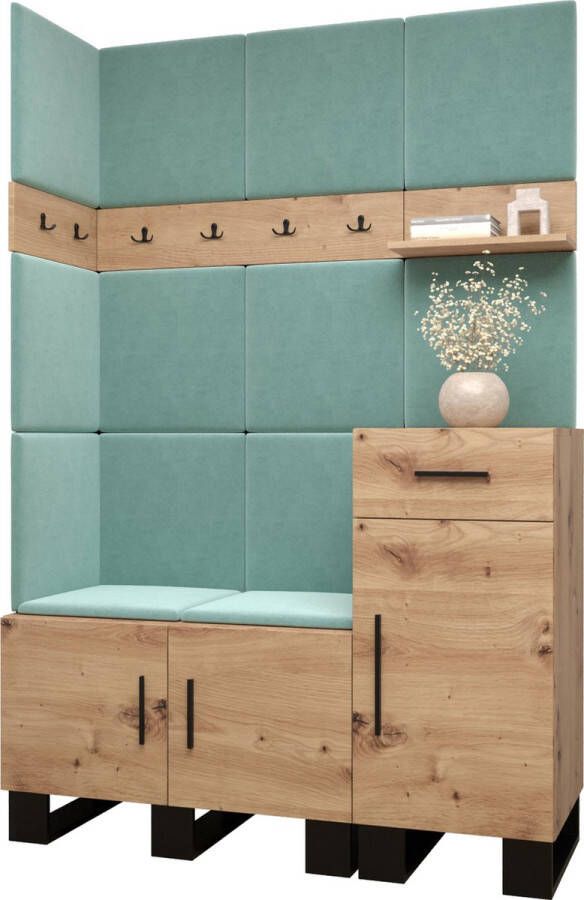 InspireME Garderobekast Ganggarderobe Compacte garderobe Vestibule Wandkast Plank Hal & Gang Kast Schoenenkast Gestoffeerde panelen en met een kussen (BxHxD): 126x196x45 6 cm ERNETST 10 Artisan (Mint (Manila 11))