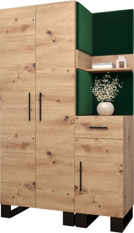 InspireME Garderobekast Ganggarderobe Compacte garderobe Vestibule Wandkast Plank Hal & Gang Kast Schoenenkast Gestoffeerde panelen en met een kussen (BxHxD): 116x196x45 6 cm ERNETST 6 Artisan (Groen (Manilla 35))