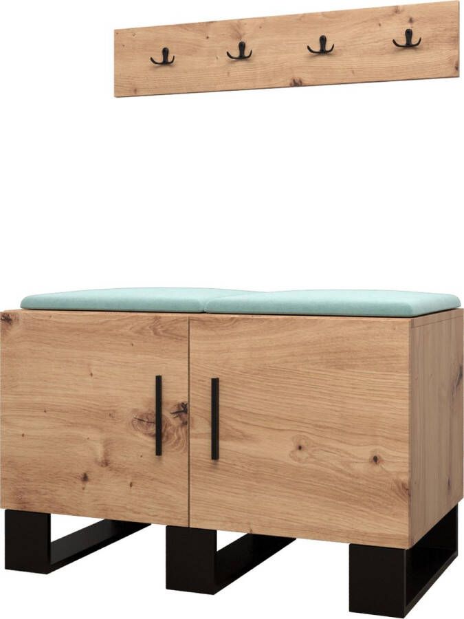 InspireME Garderobekast Ganggarderobe Compacte garderobe Vestibule Wandkast Plank Hal & Gang Kast Schoenenkast Gestoffeerde panelen en met een kussen (BxHxD): 84x52x45 6 cm ERNETST 21 Artisan (Mint (Manila 11))