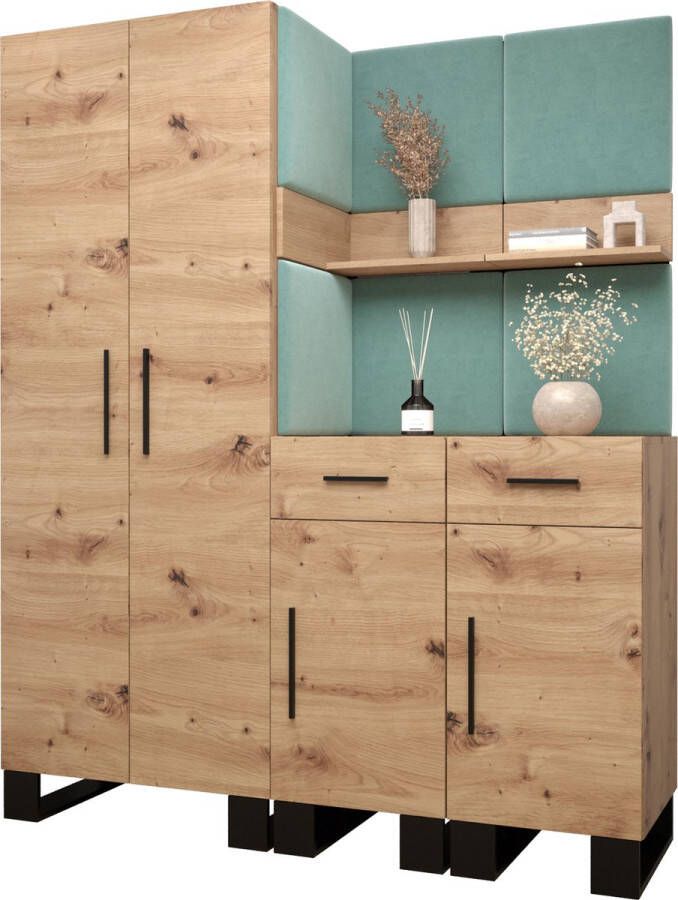 InspireME Garderobekast Ganggarderobe Compacte garderobe Vestibule Wandkast Plank Hal & Gang Kast Schoenenkast Gestoffeerde panelen en met een kussen (BxHxD): 158x196x45 6 cm ERNETST 7 Artisan (Mint (Manila 11))