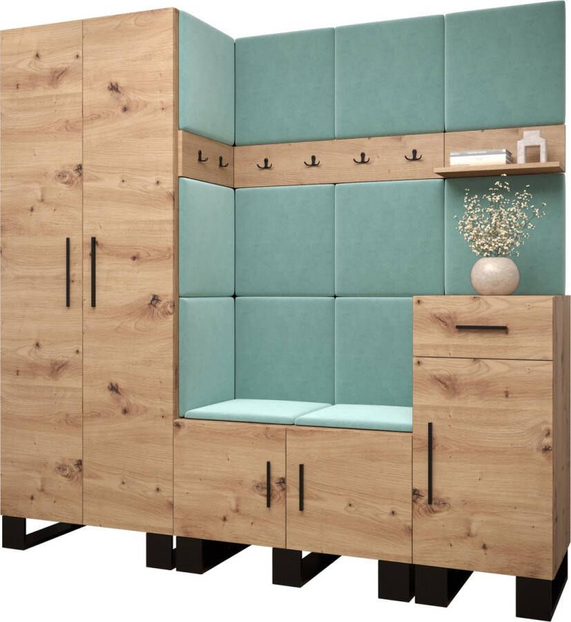 InspireME Garderobekast Ganggarderobe Compacte garderobe Vestibule Wandkast Plank Hal & Gang Kast Schoenenkast Gestoffeerde panelen en met een kussen (BxHxD): 200x196x45 6 cm ERNETST 1 Artisan (Mint (Manila 11))