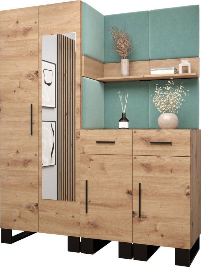 InspireME Garderobekast met spiegel Ganggarderobe Compacte garderobe Vestibule Wandkast Plank Hal & Gang Kast Schoenenkast Gestoffeerde panelen en met een kussen (BxHxD): 158x196x45 6 cm ERNETST 15 Artisan (Mint (Manila 11))