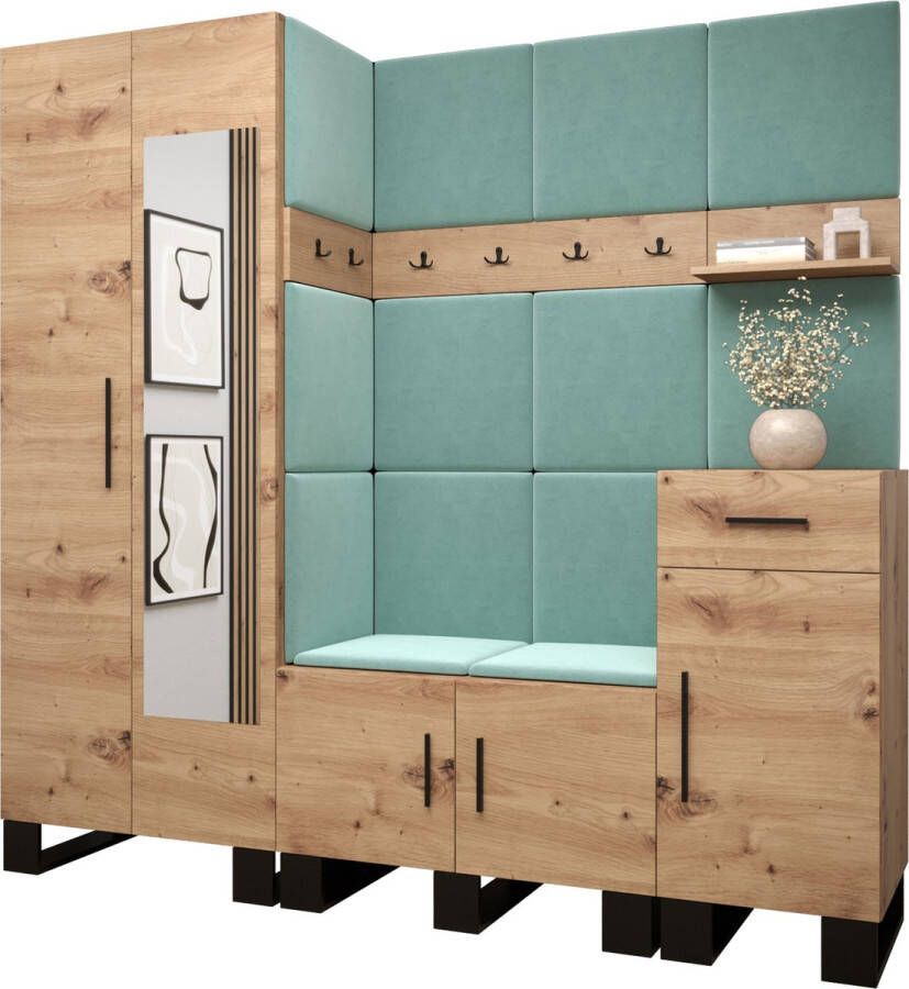 InspireME Garderobekast met spiegel Ganggarderobe Compacte garderobe Vestibule Wandkast Plank Hal & Gang Kast Schoenenkast Gestoffeerde panelen en met een kussen (BxHxD): 200x196x45 6 cm ERNETST 13 Artisan (Mint (Manila 11))