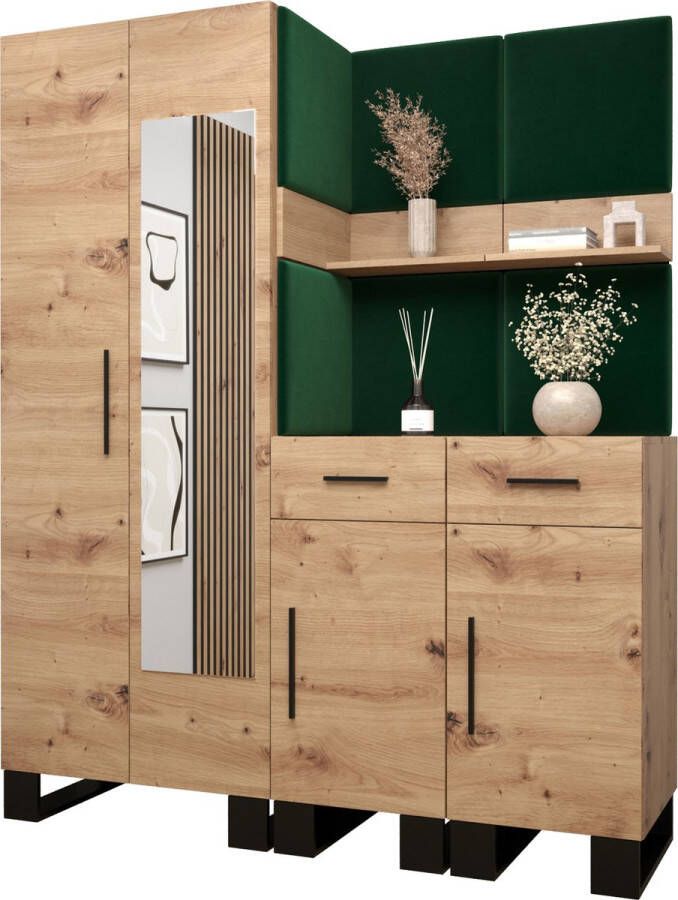 InspireME Garderobekast met spiegel Ganggarderobe Compacte garderobe Vestibule Wandkast Plank Hal & Gang Kast Schoenenkast Gestoffeerde panelen en met een kussen (BxHxD): 158x196x45 6 cm ERNETST 15 Artisan (Groen (Manilla 35))