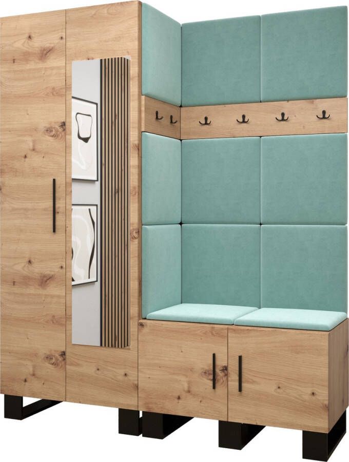InspireME Garderobekast met spiegel Ganggarderobe Compacte garderobe Vestibule Wandkast Plank Hal & Gang Kast Schoenenkast Gestoffeerde panelen en met een kussen (BxHxD): 158x196x45 6 cm ERNETST 14 Artisan (Mint (Manila 11))