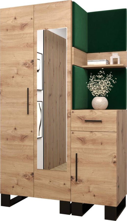 InspireME Garderobekast met spiegel Ganggarderobe Compacte garderobe Vestibule Wandkast Plank Hal & Gang Kast Schoenenkast Gestoffeerde panelen en met een kussen (BxHxD): 116x196x45 6 cm ERNETST 16 Artisan (Groen (Manilla 35))