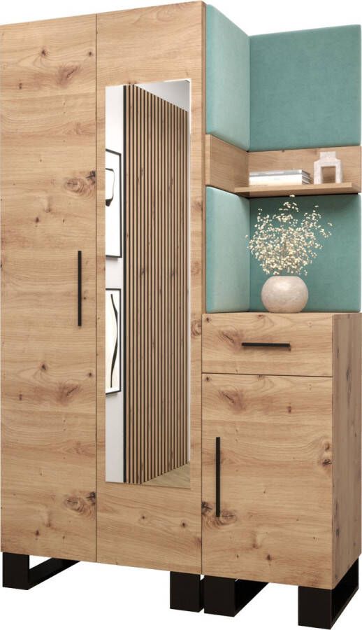 InspireME Garderobekast met spiegel Ganggarderobe Compacte garderobe Vestibule Wandkast Plank Hal & Gang Kast Schoenenkast Gestoffeerde panelen en met een kussen (BxHxD): 116x196x45 6 cm ERNETST 16 Artisan (Mint (Manila 11))