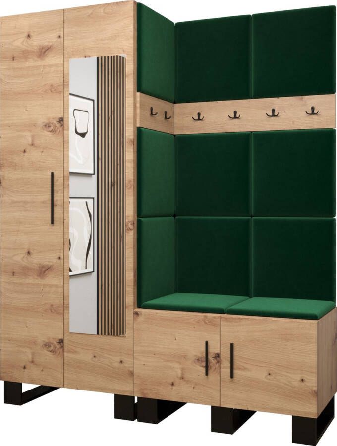 InspireME Garderobekast met spiegel Ganggarderobe Compacte garderobe Vestibule Wandkast Plank Hal & Gang Kast Schoenenkast Gestoffeerde panelen en met een kussen (BxHxD): 158x196x45 6 cm ERNETST 14 Artisan (Groen (Manilla 35))