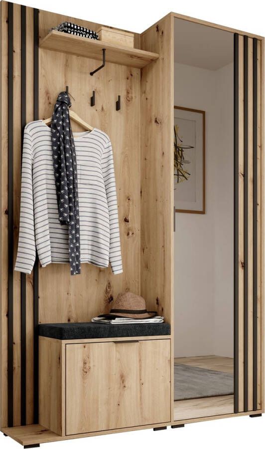 InspireME Garderobekast met spiegel Ganggarderobe Compacte garderobekast Vestibule Wandkast Plank Hal & Gang Kast Schoenenkast 135x197x34 cm JOHN (Artisan + Zwart Met kussen)