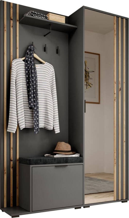 InspireME Garderobekast met spiegel Ganggarderobe Compacte garderobekast Vestibule Wandkast Plank Hal & Gang Kast Schoenenkast 135x197x34 cm JOHN (Grijs + Atisan Met kussen)
