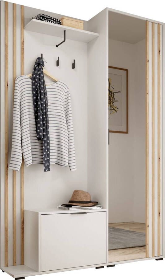 InspireME Garderobekast met spiegel Ganggarderobe Compacte garderobekast Vestibule Wandkast Plank Hal & Gang Kast Schoenenkast 135x197x34 cm JOHN (Wit + Artisan)