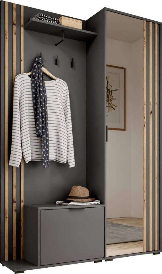 InspireME Garderobekast met spiegel Ganggarderobe Compacte garderobekast Vestibule Wandkast Plank Hal & Gang Kast Schoenenkast 135x197x34 cm JOHN (Grijs + Atisan)