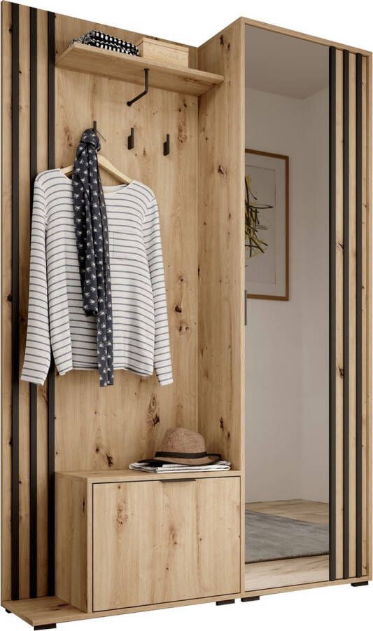 InspireME Garderobekast met spiegel Ganggarderobe Compacte garderobekast Vestibule Wandkast Plank Hal & Gang Kast Schoenenkast 135x197x34 cm JOHN (Artisan + Zwart)