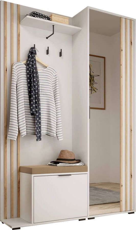 InspireME Garderobekast met spiegel Ganggarderobe Compacte garderobekast Vestibule Wandkast Plank Hal & Gang Kast Schoenenkast 135x197x34 cm JOHN (Wit + Artisan Met kussen)