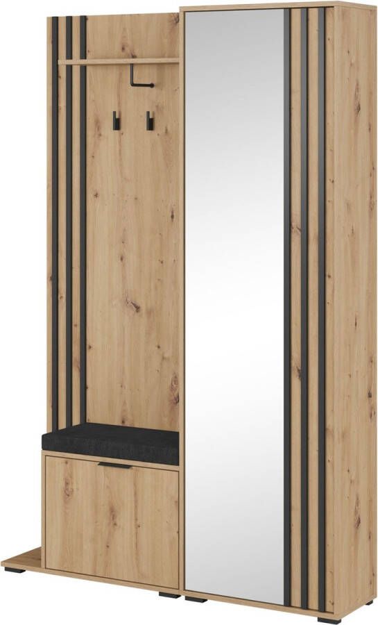 InspireME Garderobekast met spiegel Ganggarderobe Compacte garderobekast Vestibule Wandkast Plank Hal & Gang Kast Schoenenkast 135x197x34 cm JOHN (Artisan + Zwart Met kussen)