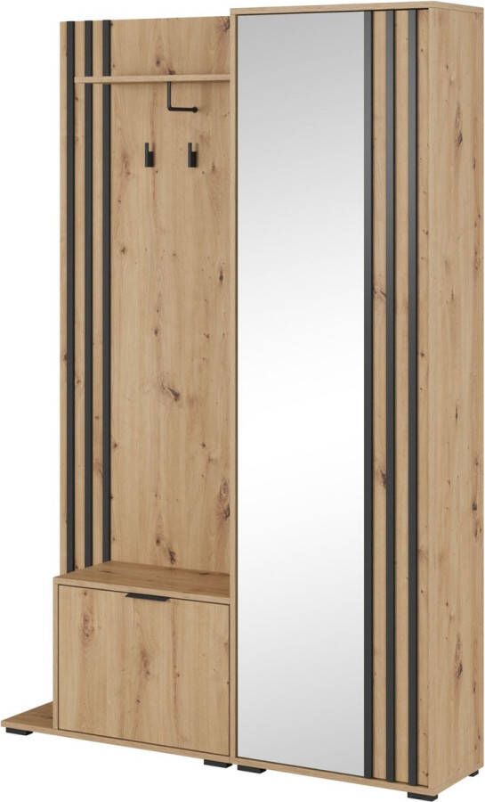 InspireME Garderobekast met spiegel Ganggarderobe Compacte garderobekast Vestibule Wandkast Plank Hal & Gang Kast Schoenenkast 135x197x34 cm JOHN (Artisan + Zwart)
