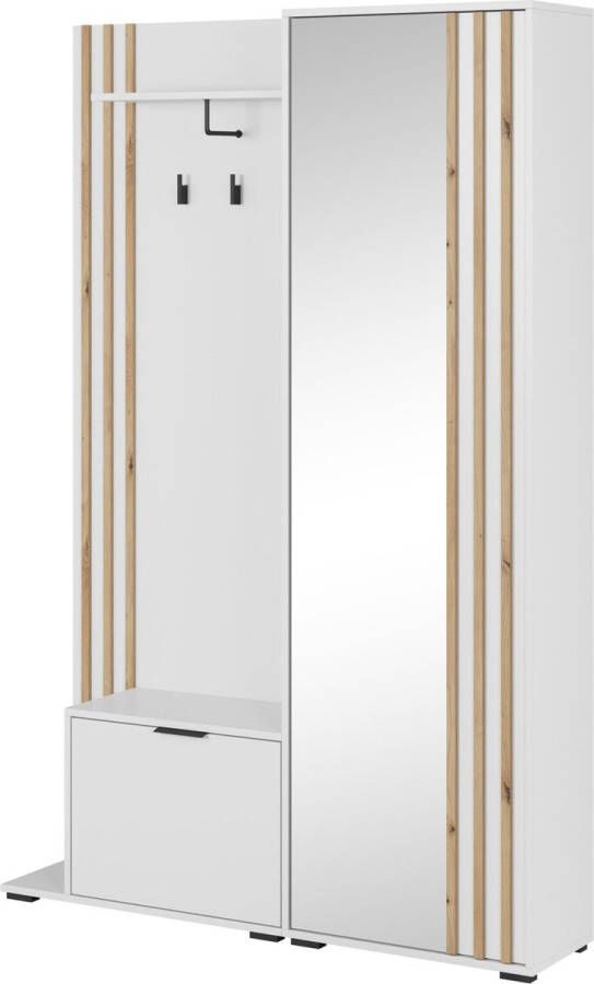 InspireME Garderobekast met spiegel Ganggarderobe Compacte garderobekast Vestibule Wandkast Plank Hal & Gang Kast Schoenenkast 135x197x34 cm JOHN (Wit + Artisan)