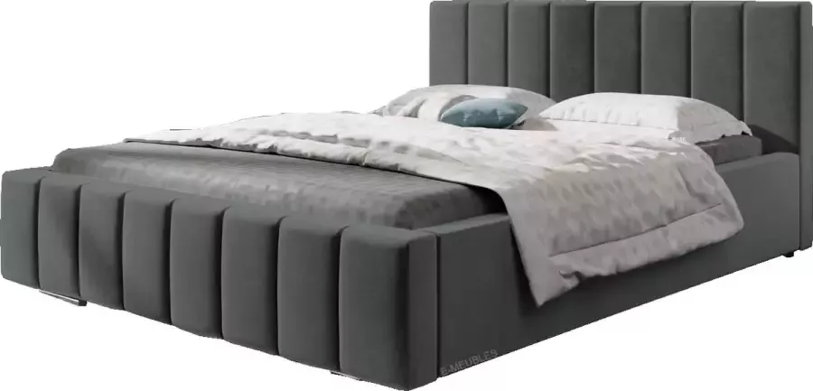 InspireME Tweepersoonsbed met fluwelen bekleding met hoofdeinde lattenbodem bed voor volwassenen BETT 01 140x200 Donkergrijs (TRINITY 15) - Foto 2