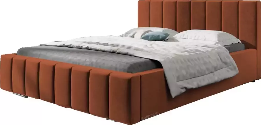 InspireME Tweepersoonsbed met fluwelen bekleding met hoofdeinde lattenbodem bed voor volwassenen BETT 01 160x200 Donker oranje (TRINITY 25) - Foto 2