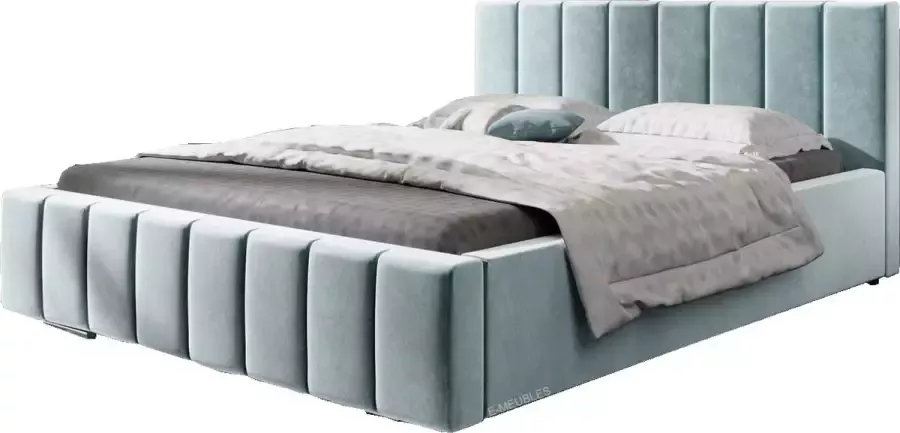 InspireME Tweepersoonsbed met fluwelen bekleding met hoofdeinde lattenbodem bed voor volwassenen BETT 01 160x200 Lichtblauw (TRINITY 22) - Foto 2
