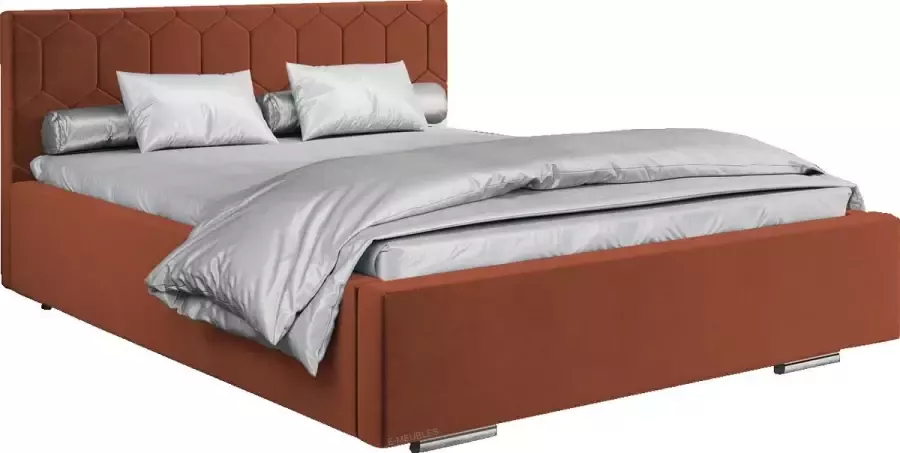 InspireME Tweepersoonsbed met fluwelen bekleding met hoofdeinde lattenbodem bed voor volwassenen BETT 02 140x200 Donker oranje (TRINITY 25)