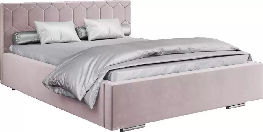 InspireME Tweepersoonsbed met fluwelen bekleding met hoofdeinde lattenbodem bed voor volwassenen BETT 02 140x200 Lichtroze (TRINITY 19)