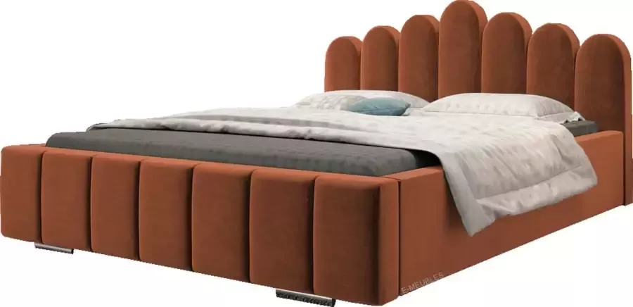 InspireME Tweepersoonsbed met fluwelen bekleding met hoofdeinde lattenbodem bed voor volwassenen BETT 03 140x200 Donker oranje (TRINITY 25)