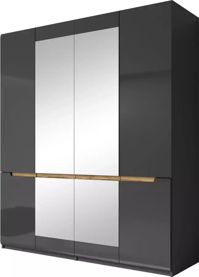 InspireME Grote kledingkast in loftstijl draaibare kledingkast draaideuren met 2 Spiegelglas NERON 4D (Antraciet + Spiegelglas)