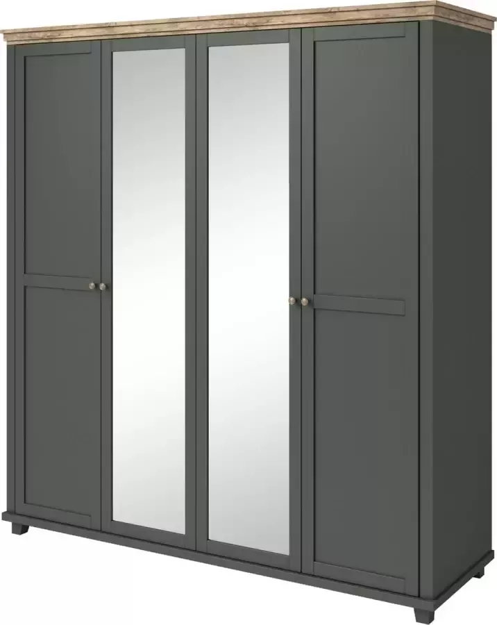 InspireME Grote kledingkast in loftstijl draaideurkast draaideuren met 2 Spiegelglas ELEONORA 4D (Groen + Lefkada Eiken)