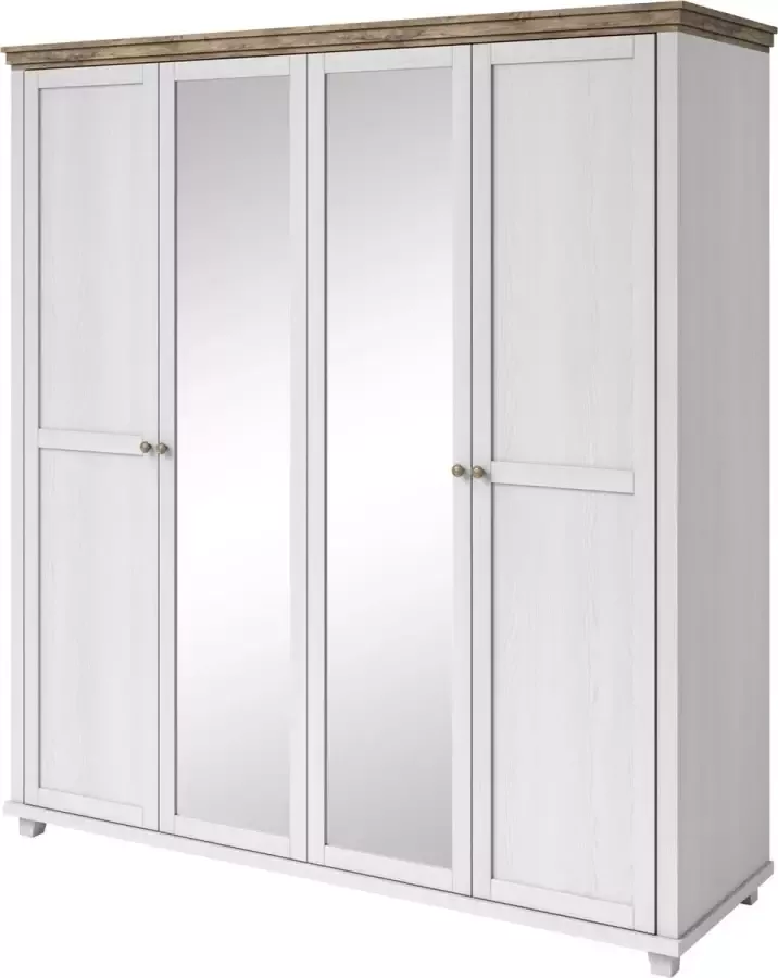 InspireME Grote kledingkast in loftstijl draaideurkast draaideuren met 2 Spiegelglas ELEONORA 4D (Wit + Lefkas eiken)