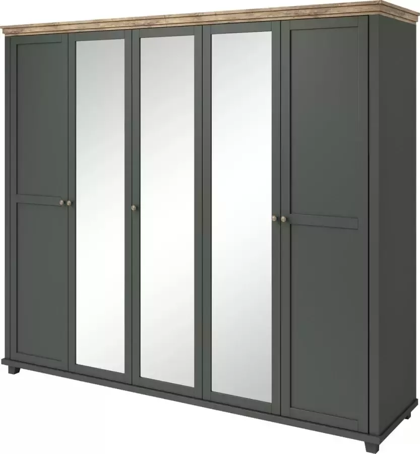 InspireME Grote kledingkast in loftstijl draaideurkast draaideuren met 3 Spiegelglas ELEONORA 5D (Groen + Lefkada Eiken)