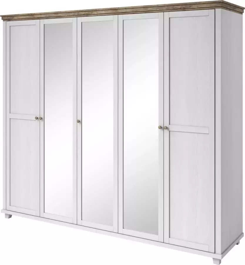 InspireME Grote kledingkast in loftstijl draaideurkast draaideuren met 3 Spiegelglas ELEONORA 5D (Wit + Lefkas eiken)