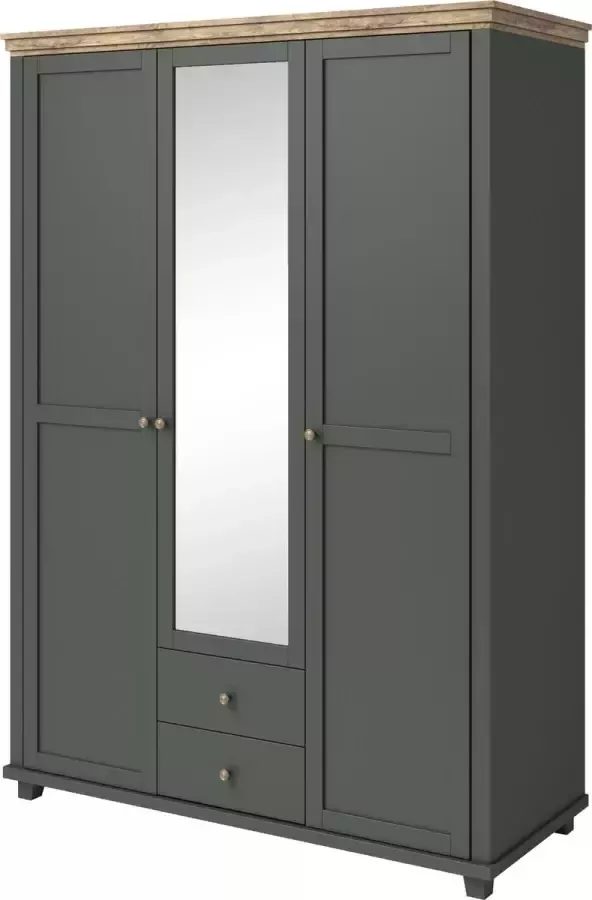 InspireME Grote kledingkast in loftstijl draaideurkast draaideuren met Spiegelglas ELEONORA 3D (Groen + Lefkada Eiken)