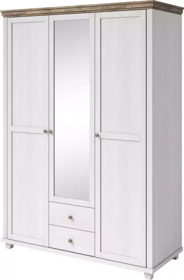 InspireME Grote kledingkast in loftstijl draaideurkast draaideuren met Spiegelglas ELEONORA 3D (Wit + Lefkada Eiken)