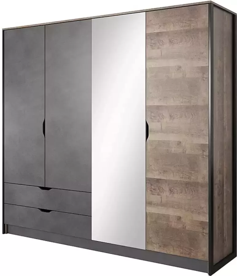 InspiremMe InspireMe- Grote kledingkast met Spiegel Industrieel Garderobekast met planken en kledingstang 2 laden 4 deuren 220cm 56 2cm 204 4cm XARO F 220 (Zand Grange Eiken+ Grafiet grijs)