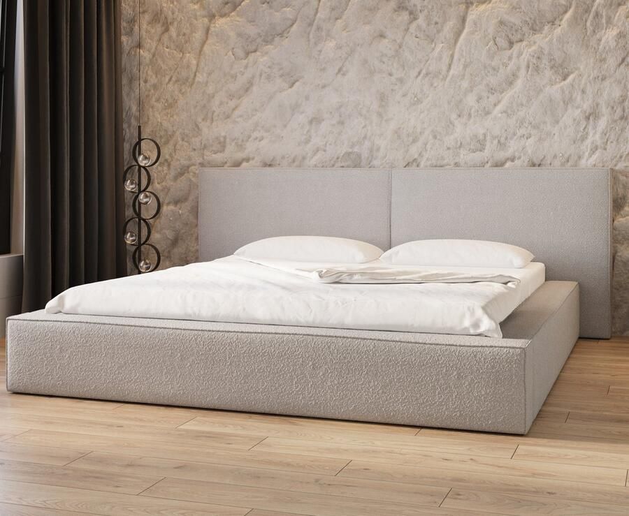 InspireME Bed 06 Gestoffeerd tweepersoonsbed met bouclé overtrek 180x200 cm Elegant en comfortabel Lichtgrijs (Anthology 15)