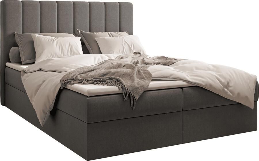 InspireME Gestoffeerd Continentaal Bed Bonell-matras en Topper Tweepersoonsbed met Gestoffeerd Hoofdeinde en Bedbox Boxspring BED 01 140x200 Trinity 15 Grafiet