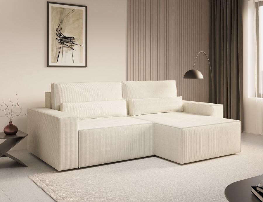 InspireME Ecksofa DENVER MINI aus Cord Ottomane beidseitig montierbar Couch Cord für Wohnzimmer Schlafsofa Sofagarnitur Sofa Eckcouch L-Form Cordstoff mit Schlaffunktion und Bettkasten Wit Poso 38