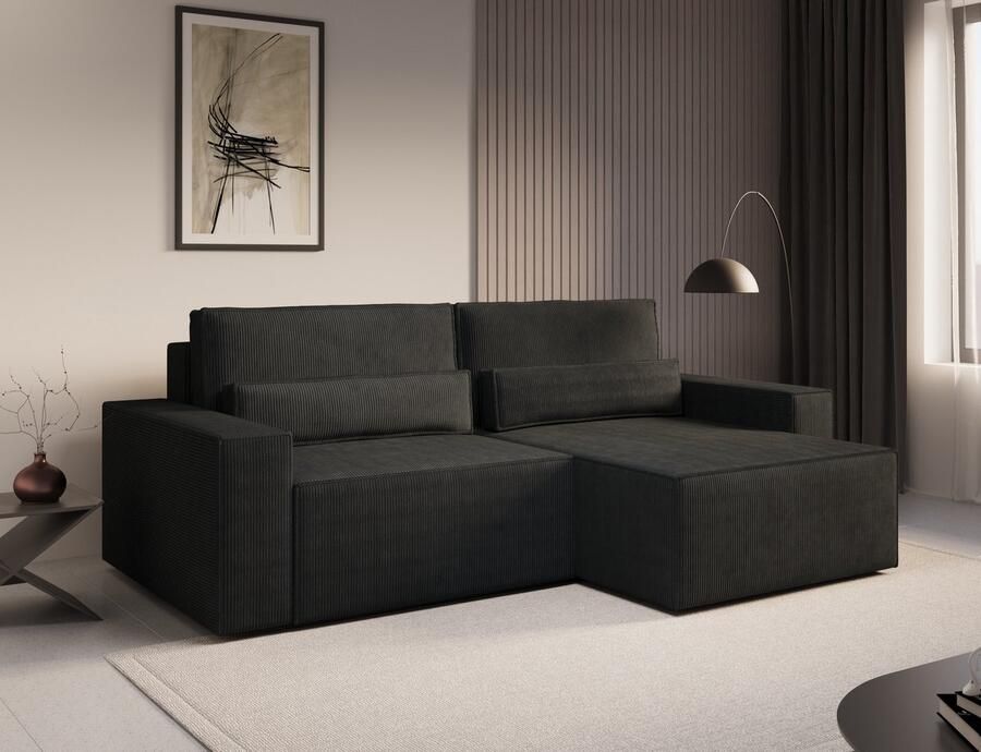 InspireME Ecksofa DENVER MINI aus Cord Ottomane beidseitig montierbar Couch Cord für Wohnzimmer Schlafsofa Sofagarnitur Sofa Eckcouch L-Form Cordstoff mit Schlaffunktion und Bettkasten Zwart Poso 135 - Foto 2