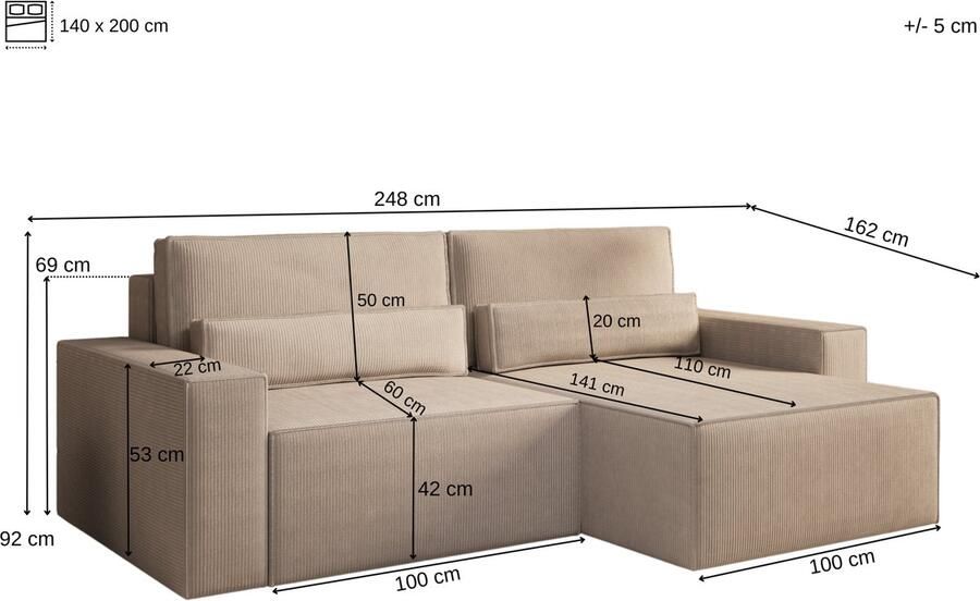 InspireME Ecksofa DENVER MINI aus Cord Ottomane beidseitig montierbar Couch Cord für Wohnzimmer Schlafsofa Sofagarnitur Sofa Eckcouch L-Form Cordstoff mit Schlaffunktion und Bettkasten Zwart Poso 135