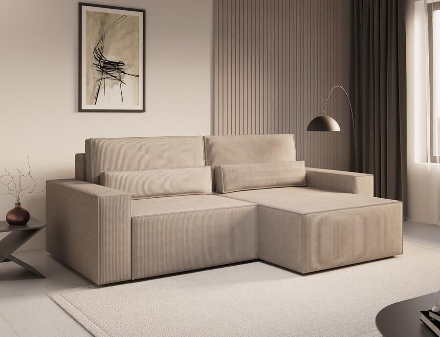 InspireME Ecksofa DENVER MINI aus Cord Ottomane beidseitig montierbar Couch Cord für Wohnzimmer Schlafsofa Sofagarnitur Sofa Eckcouch L-Form Cordstoff mit Schlaffunktion und Bettkasten Donker beige Poso 02