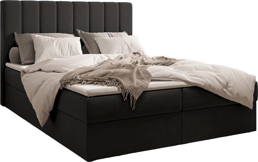InspireME Gestoffeerd Continentaal Bed Bonell-matras en Topper Tweepe Boxspring Bed 01 Bed Comfortabel topmatras Met hoofdeindeTot 300KG Opbergruimte 180x200 Trinity 16 Zwart