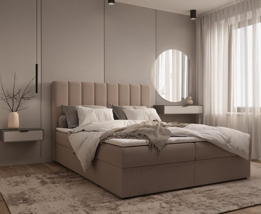 InspireME Gestoffeerd Continentaal Bed Bonell-matras en Topper Tweepersoonsbed met Gestoffeerd Hoofdeinde en Bedbox Boxspring BED 01 160x200 Trinity 5 Cappuccino - Foto 2